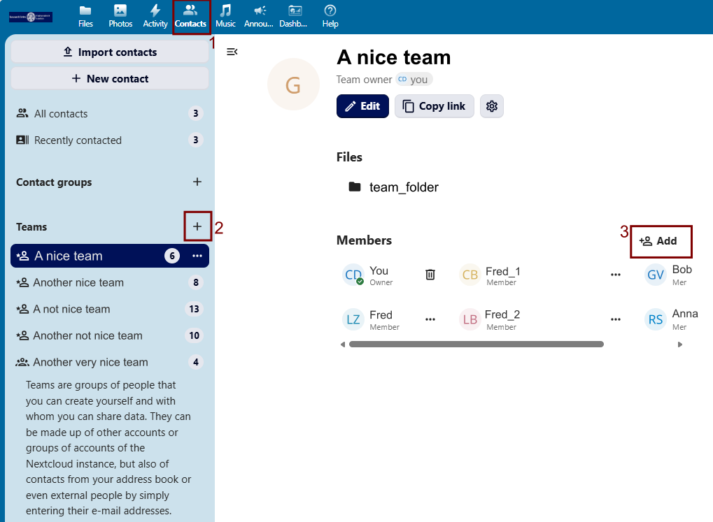 Create a team in contacts